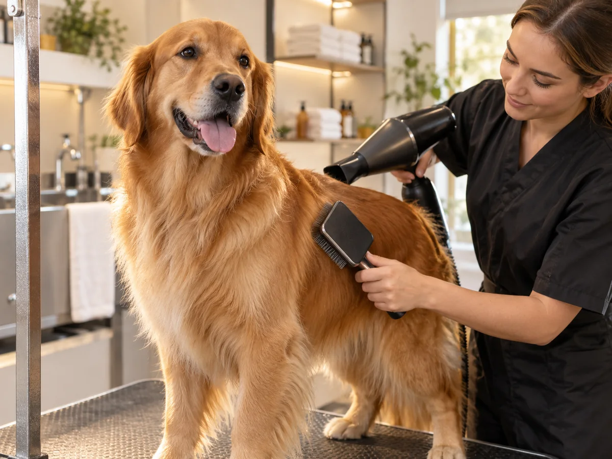 Finalização profissional com secagem e escovação do cão